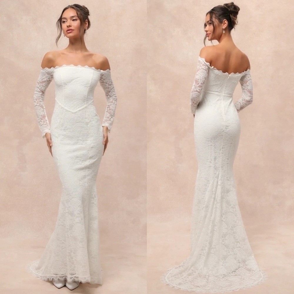 Lulus Beloved Promise White Lace Off-the-Shoulder Mermaid Maxi Dress Wedding